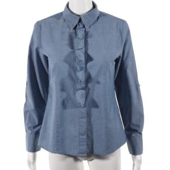 Talbots Womens Shirt Size 6 Petite Button Up Ruffled Front Roll Tab Fitted - Picture 5 of 10